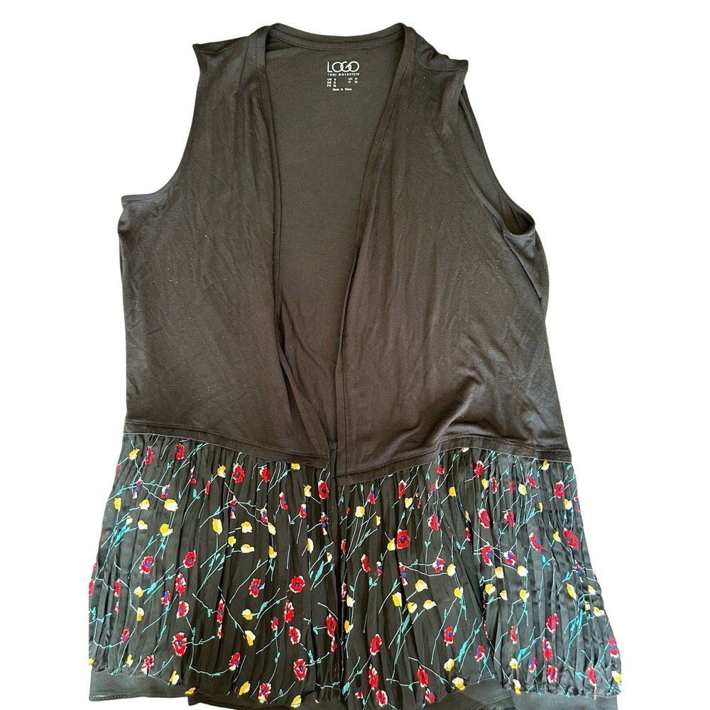 LOGO‎ by Lori Goldstein Black Floral Pleated Hem Open Front Vest Sleeveless S